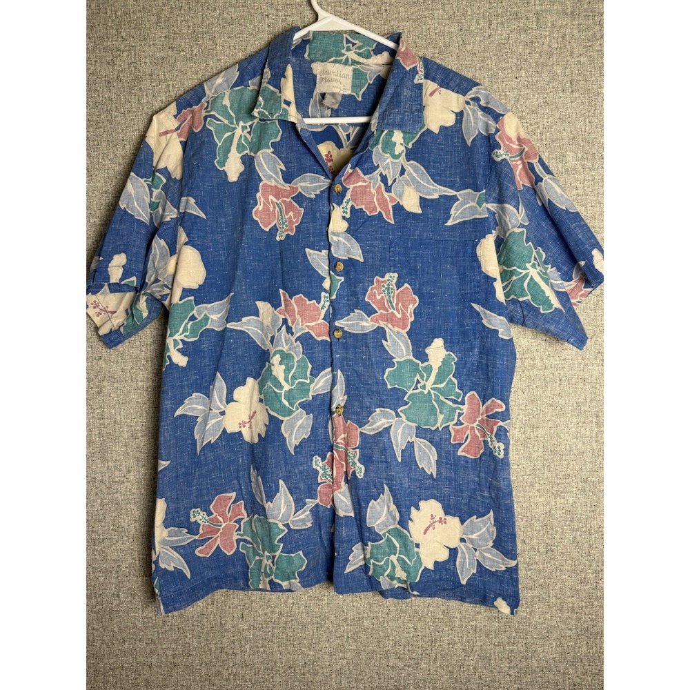 Vintage Hawaiian Flavor Blue Hibiscus Floral Mens L Short‎ Sleeve Button Shirt